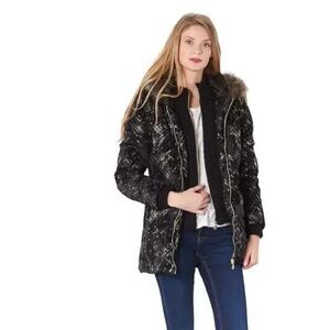 Desigual Womens Parka Black Gold Puffy Sweater‎ Inset Hooded Faux Fur Size 6 NWT